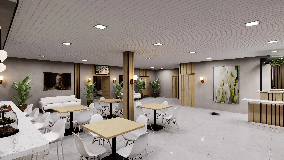 Render de sala social institucional con mesas y recepción