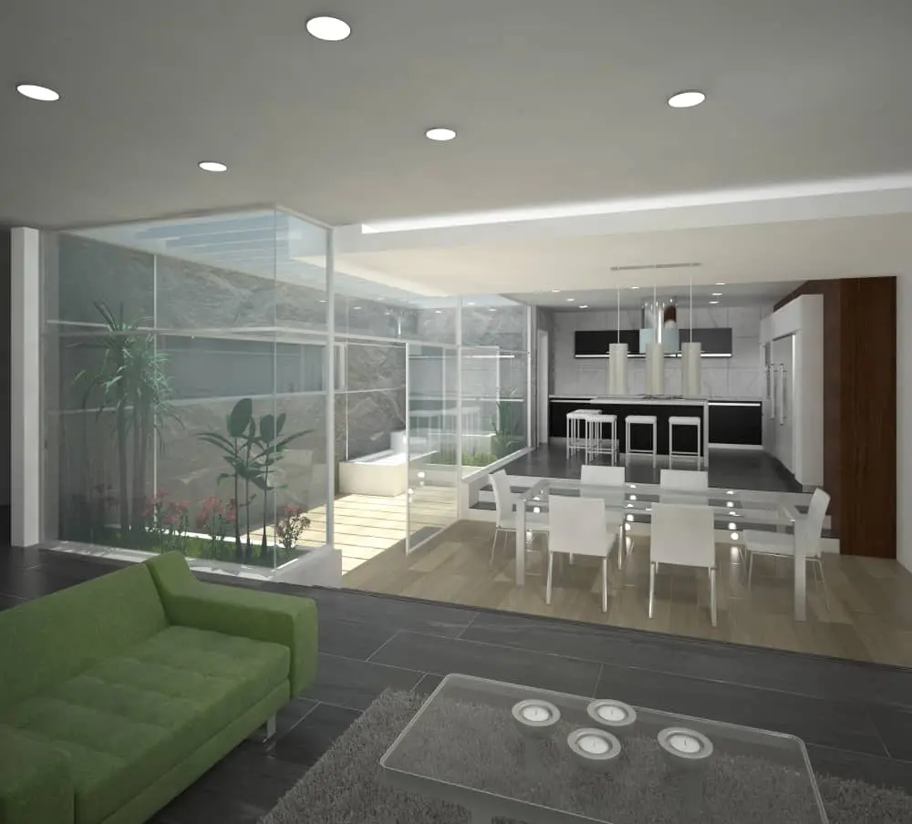 Render de área social residencial con cocina y patio interior