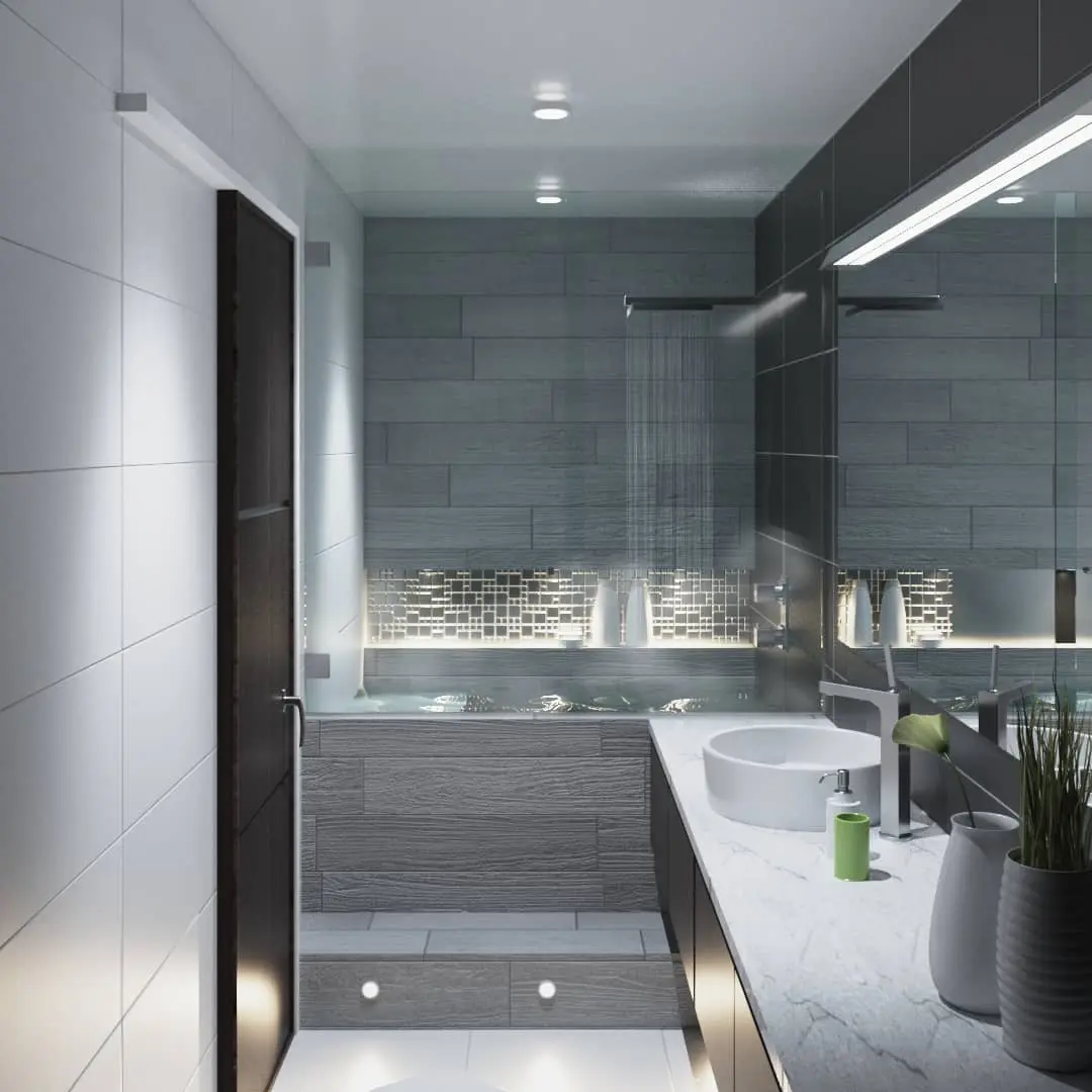 Render de baño contemporáneo en tonos grises