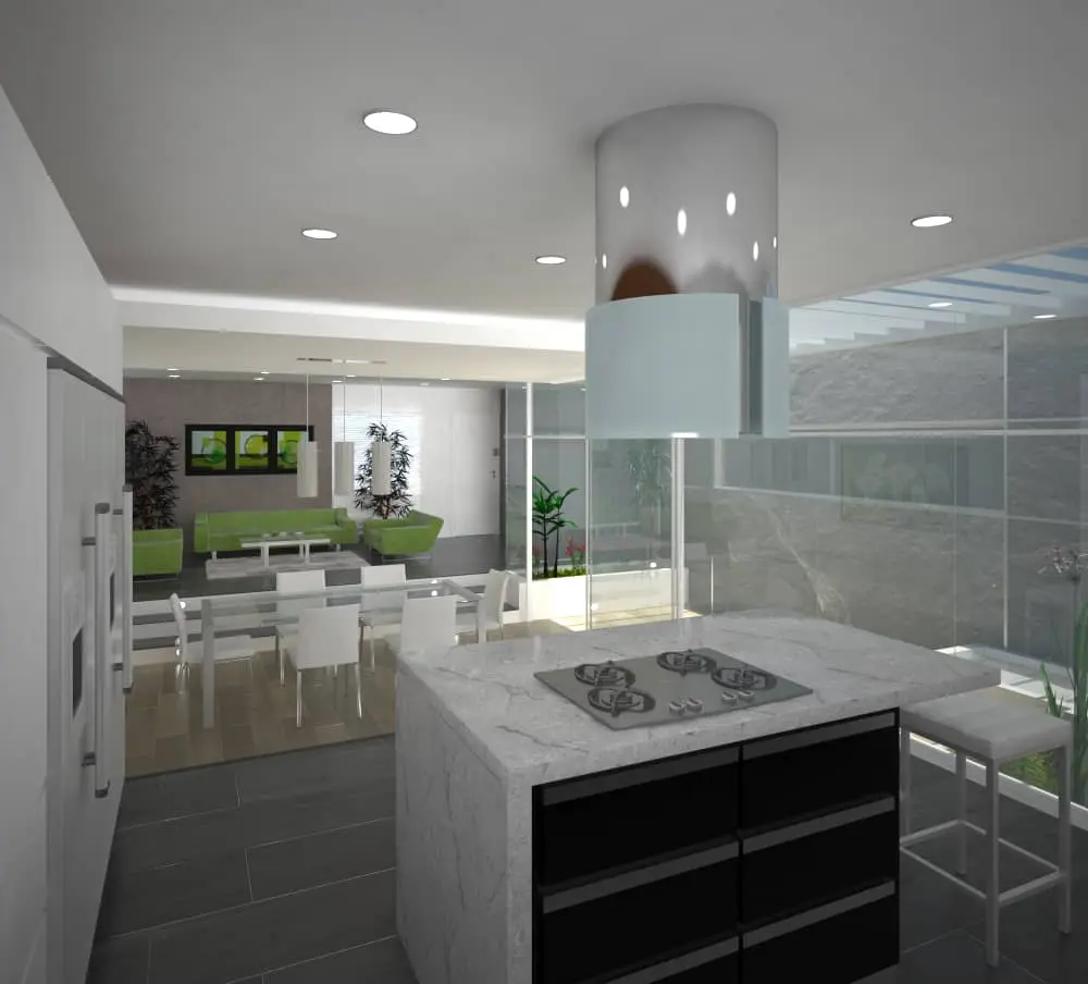 Render de cocina integrada con área social