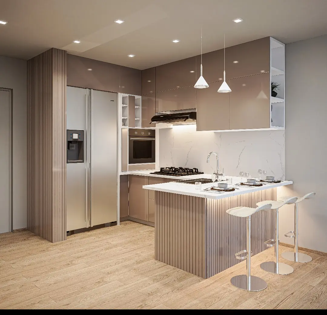 Render de cocina residencial contemporánea con isla