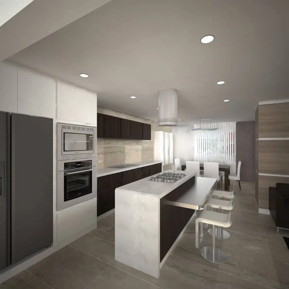 Render de cocina integral con isla central