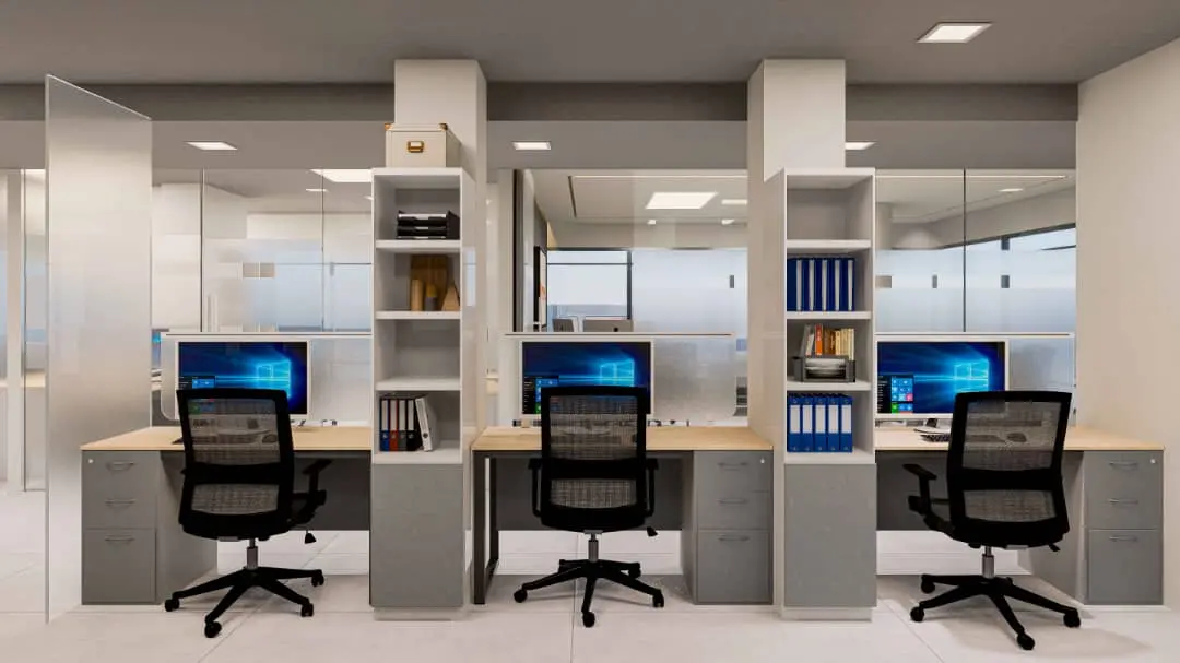 Render de oficina corporativa con estaciones de trabajo