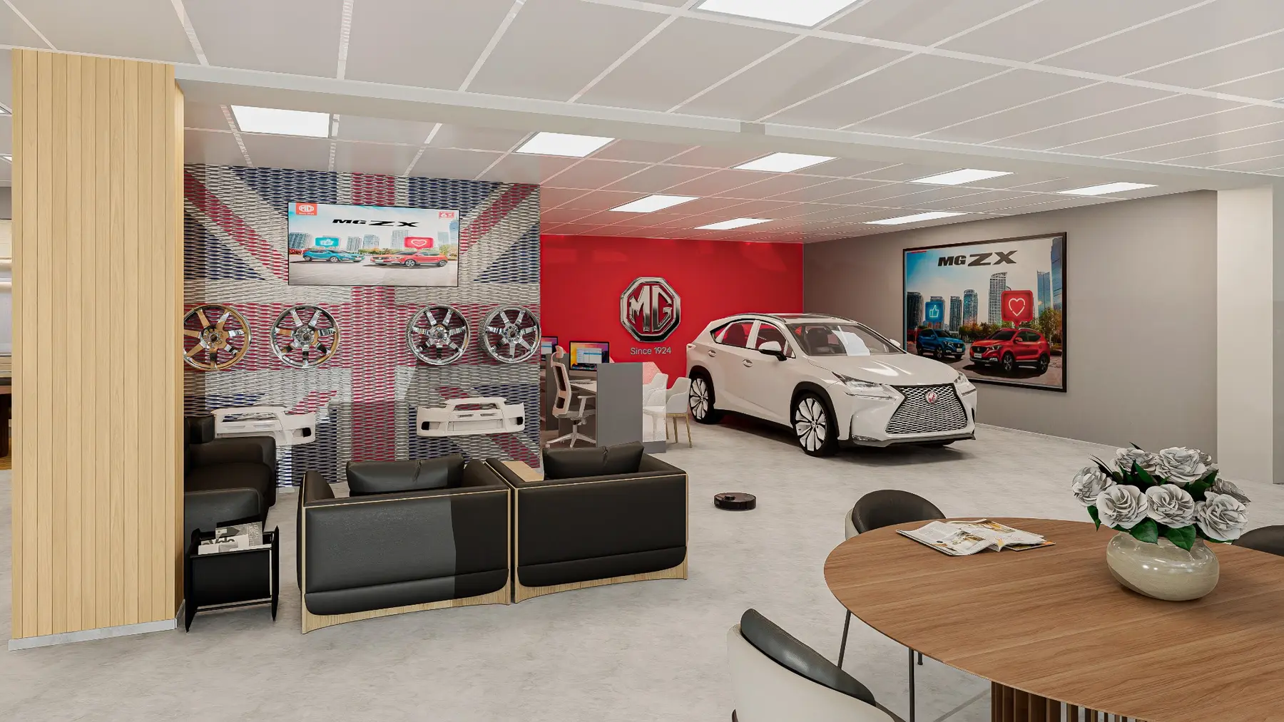 Render de recepción y exhibición de vehículos en concesionario
