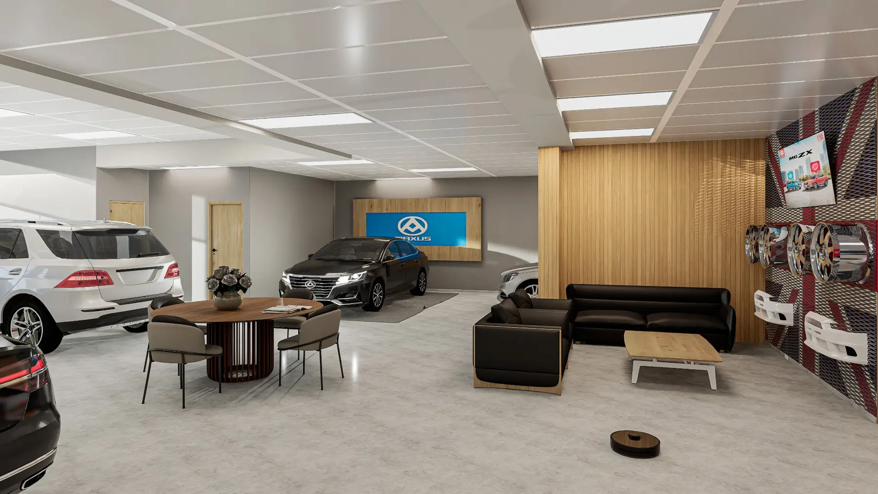 Render de área de atención y exhibición automotriz